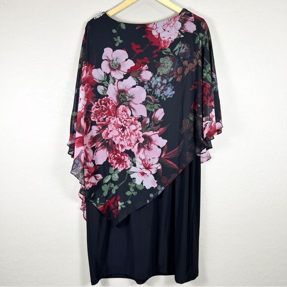 Floral Chiffon Cape Popover Sheath Dress Overlay Black Red Pink Knee Length 18W - Picture 10 of 16